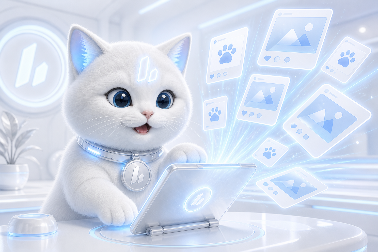 Lighter Cat creating and sharing memes from a futuristic tablet